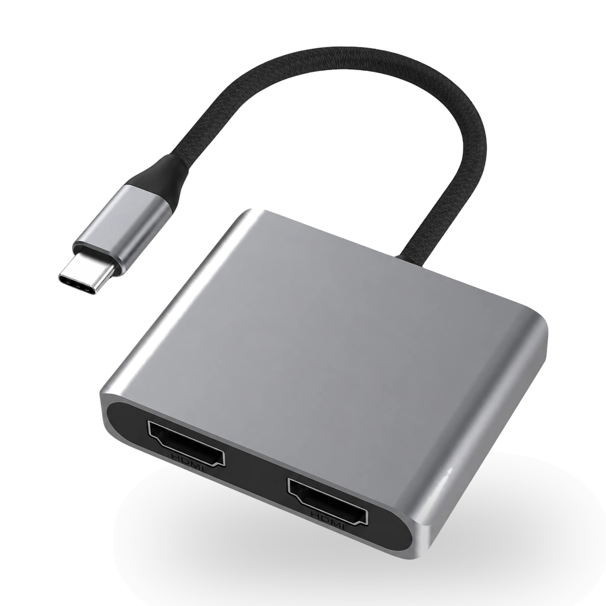 Adaptador Hi-Prime USB-C para duas saídas HDMI, corpo de alumínio cinza com cabo trançado